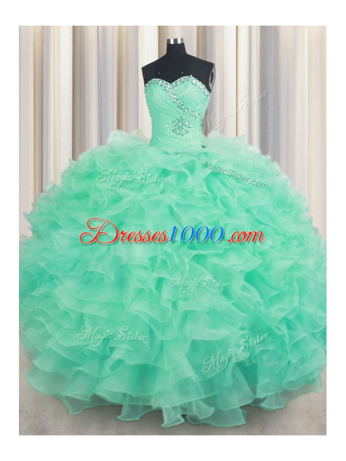 Fantastic Turquoise Sleeveless Floor Length Beading and Ruffles Lace Up Sweet 16 Dresses