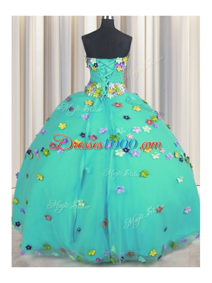Floor Length Aqua Blue Quinceanera Gown Tulle Sleeveless Hand Made Flower
