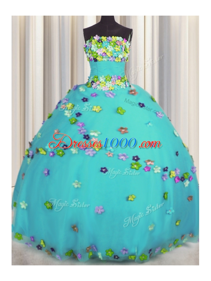 Floor Length Aqua Blue Quinceanera Gown Tulle Sleeveless Hand Made Flower