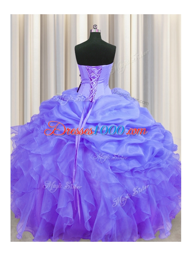Floor Length Lace Up Sweet 16 Dress Lavender and In for Military Ball and Sweet 16 and Quinceanera with Beading and Ruffles and Pick Ups
