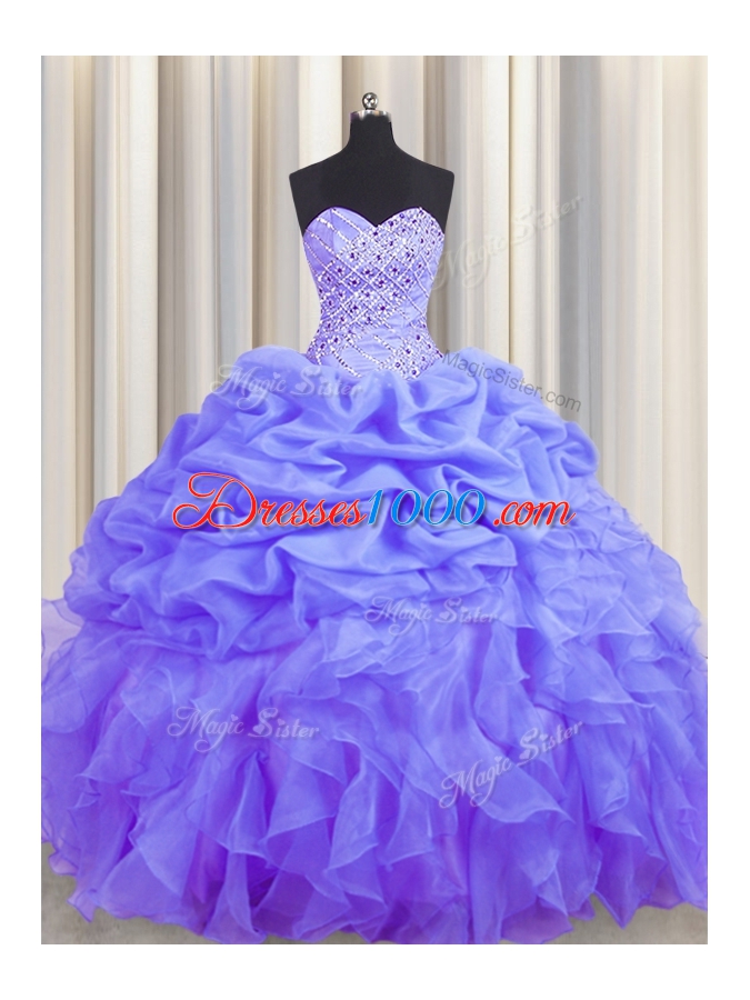 Floor Length Lace Up Sweet 16 Dress Lavender and In for Military Ball and Sweet 16 and Quinceanera with Beading and Ruffles and Pick Ups