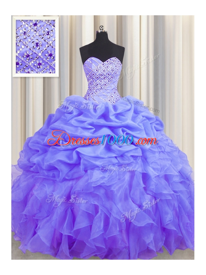 Floor Length Lace Up Sweet 16 Dress Lavender and In for Military Ball and Sweet 16 and Quinceanera with Beading and Ruffles and Pick Ups
