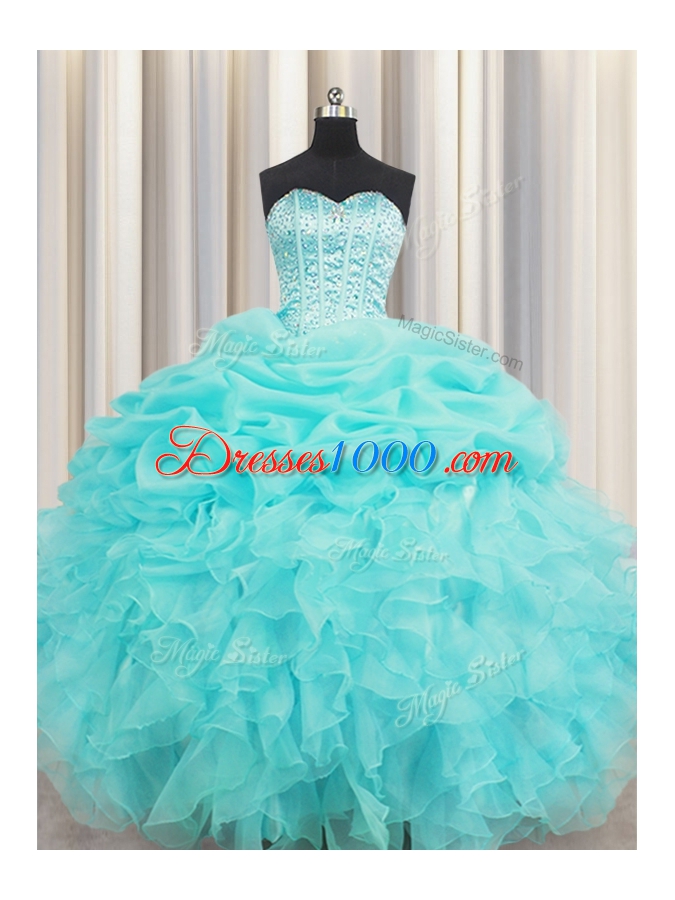 Glamorous Visible Boning Sleeveless Beading and Ruffles and Pick Ups Lace Up Quinceanera Gowns