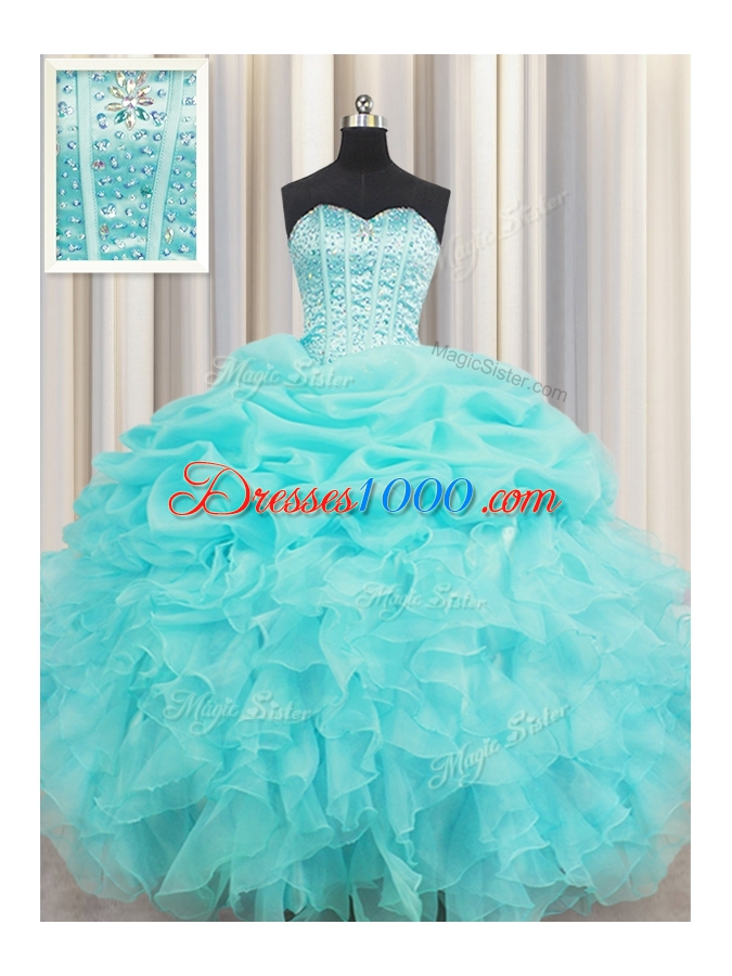 Glamorous Visible Boning Sleeveless Beading and Ruffles and Pick Ups Lace Up Quinceanera Gowns