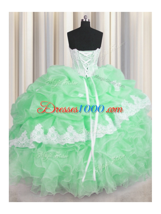 Glittering Green Sweet 16 Dresses Military Ball and Sweet 16 and Quinceanera and For with Beading and Appliques and Ruffles and Pick Ups Sweetheart Sleeveless Lace Up