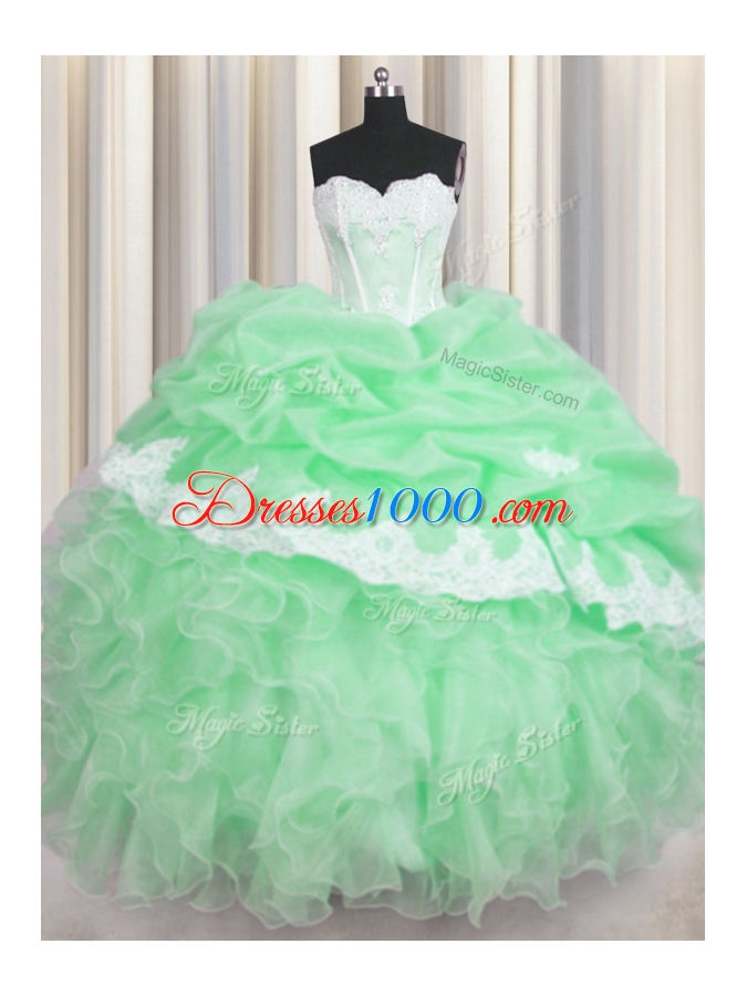 Glittering Green Sweet 16 Dresses Military Ball and Sweet 16 and Quinceanera and For with Beading and Appliques and Ruffles and Pick Ups Sweetheart Sleeveless Lace Up