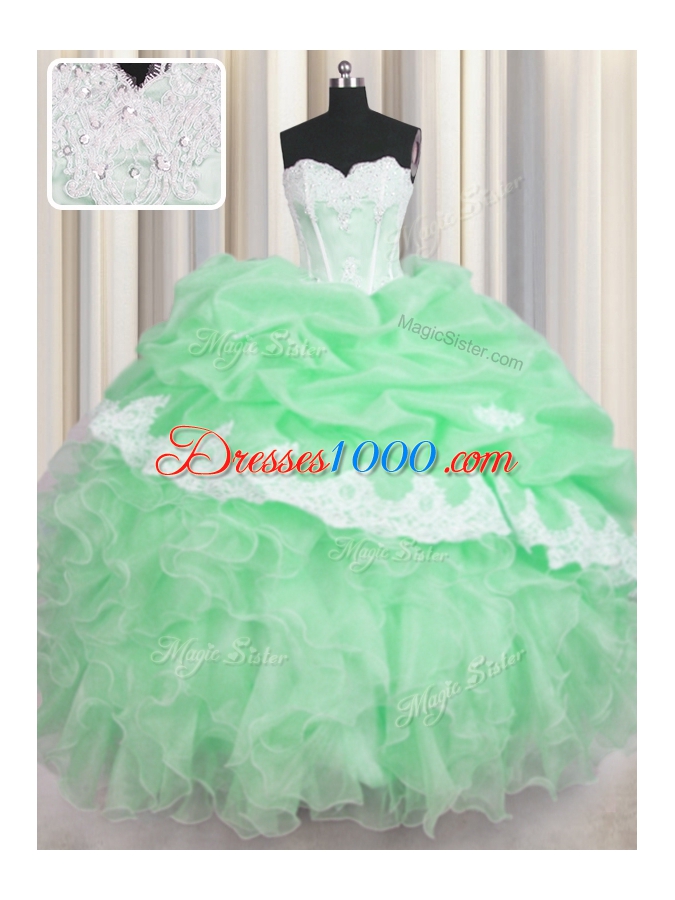 Glittering Green Sweet 16 Dresses Military Ball and Sweet 16 and Quinceanera and For with Beading and Appliques and Ruffles and Pick Ups Sweetheart Sleeveless Lace Up