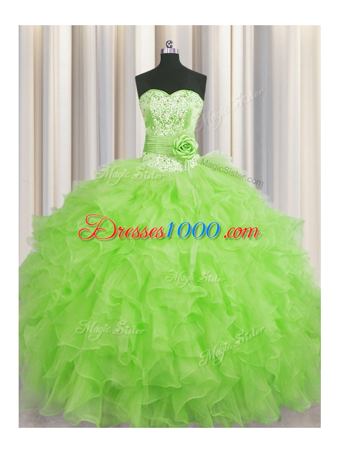 Handcrafted Flower Ball Gowns Sweet 16 Dress Sweetheart Organza Sleeveless Floor Length Lace Up
