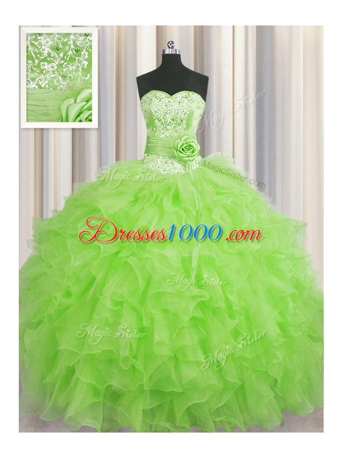 Handcrafted Flower Ball Gowns Sweet 16 Dress Sweetheart Organza Sleeveless Floor Length Lace Up