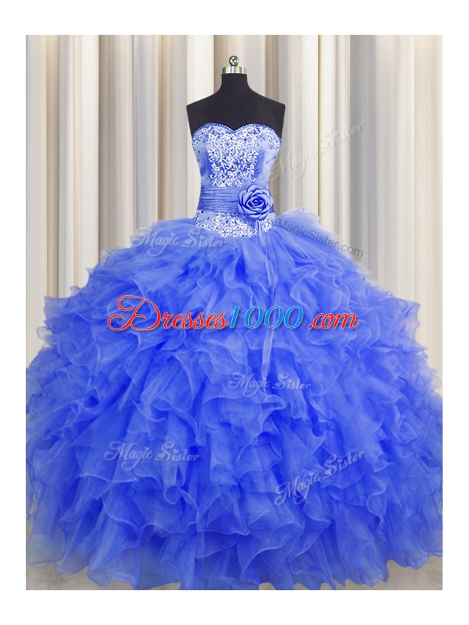 Handcrafted Flower Floor Length Royal Blue Quinceanera Dresses Sweetheart Sleeveless Lace Up