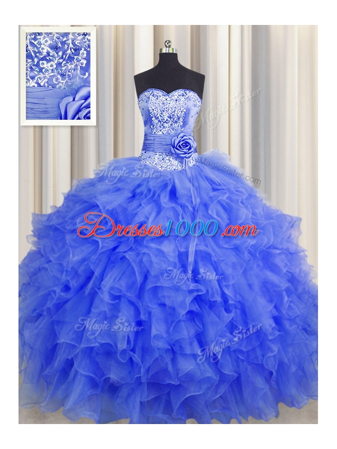 Handcrafted Flower Floor Length Royal Blue Quinceanera Dresses Sweetheart Sleeveless Lace Up