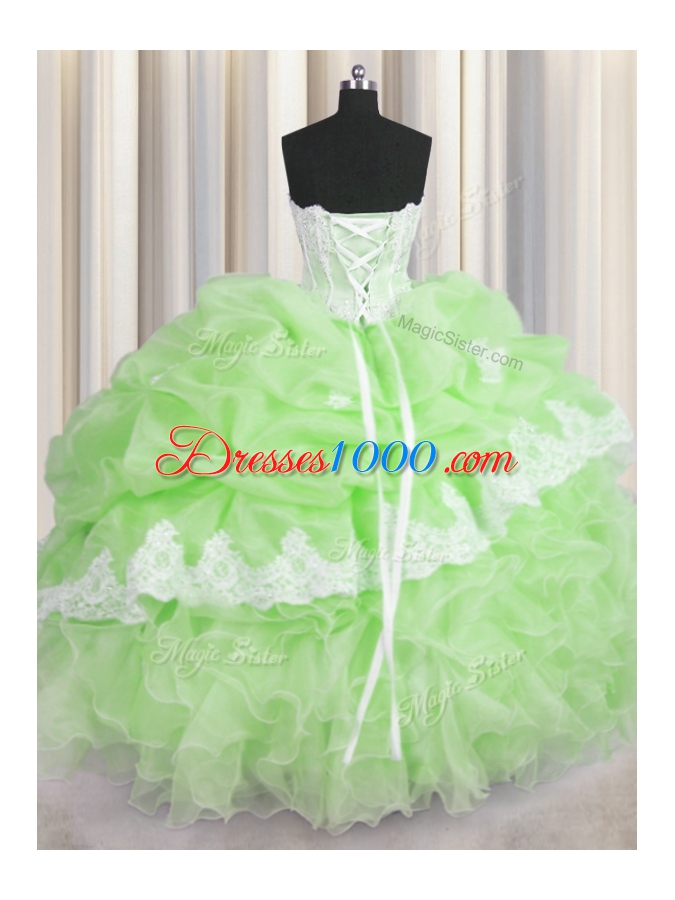 Hot Selling Green Sweetheart Lace Up Beading and Ruffles and Pick Ups 15 Quinceanera Dress Sleeveless