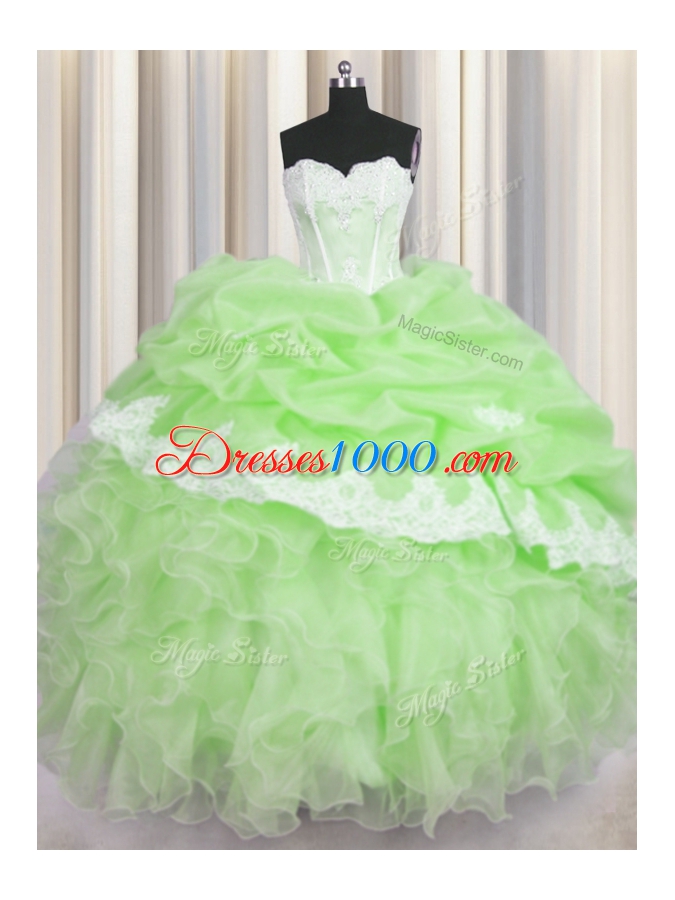 Hot Selling Green Sweetheart Lace Up Beading and Ruffles and Pick Ups 15 Quinceanera Dress Sleeveless