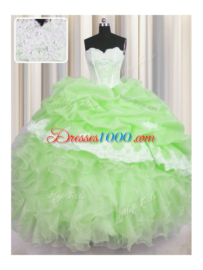 Hot Selling Green Sweetheart Lace Up Beading and Ruffles and Pick Ups 15 Quinceanera Dress Sleeveless