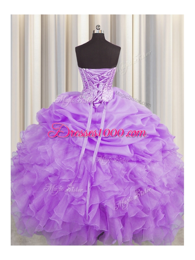 Ideal Pick Ups Visible Boning Ball Gowns Sweet 16 Quinceanera Dress Lilac Sweetheart Organza Sleeveless Floor Length Lace Up