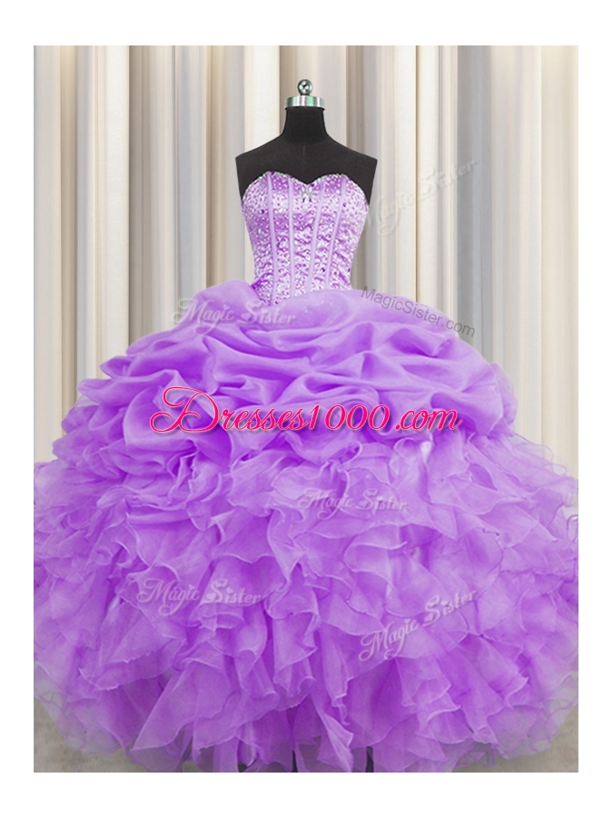 Ideal Pick Ups Visible Boning Ball Gowns Sweet 16 Quinceanera Dress Lilac Sweetheart Organza Sleeveless Floor Length Lace Up