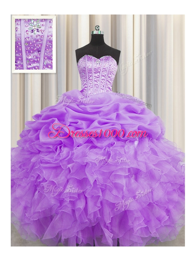 Ideal Pick Ups Visible Boning Ball Gowns Sweet 16 Quinceanera Dress Lilac Sweetheart Organza Sleeveless Floor Length Lace Up