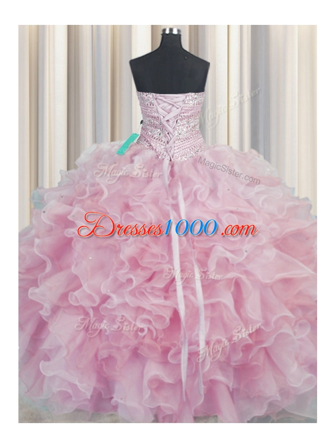 Most Popular Bling-bling Pink Organza Lace Up Sweetheart Sleeveless Floor Length Quince Ball Gowns Beading and Ruffles