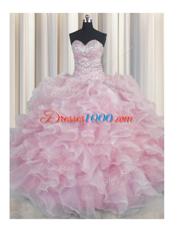 Most Popular Bling-bling Pink Organza Lace Up Sweetheart Sleeveless Floor Length Quince Ball Gowns Beading and Ruffles