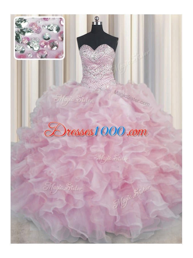 Most Popular Bling-bling Pink Organza Lace Up Sweetheart Sleeveless Floor Length Quince Ball Gowns Beading and Ruffles