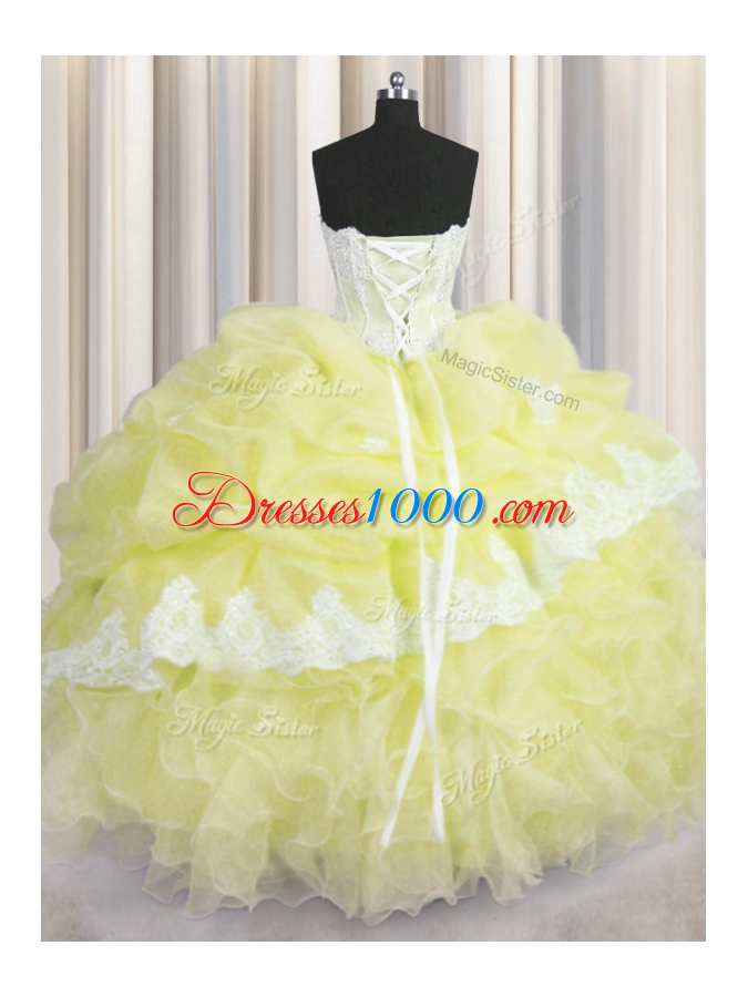 Nice Light Yellow Quince Ball Gowns Military Ball and Sweet 16 and Quinceanera and For with Beading and Appliques and Ruffles and Pick Ups Sweetheart Sleeveless Lace Up