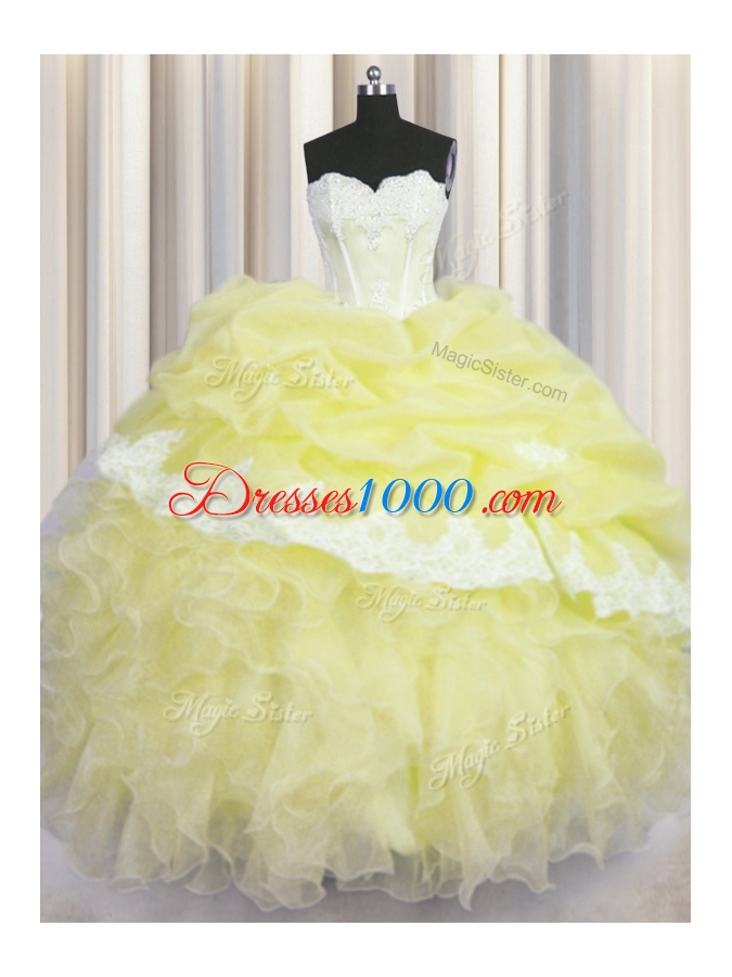 Nice Light Yellow Quince Ball Gowns Military Ball and Sweet 16 and Quinceanera and For with Beading and Appliques and Ruffles and Pick Ups Sweetheart Sleeveless Lace Up
