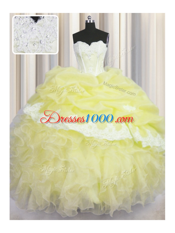Nice Light Yellow Quince Ball Gowns Military Ball and Sweet 16 and Quinceanera and For with Beading and Appliques and Ruffles and Pick Ups Sweetheart Sleeveless Lace Up