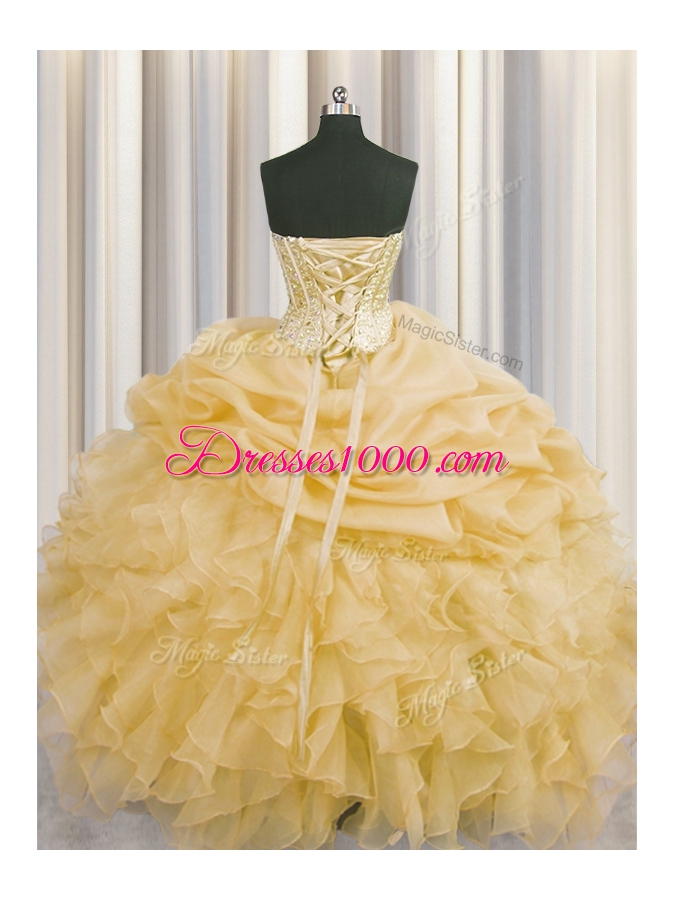 On Sale Pick Ups Visible Boning Ball Gowns Quinceanera Gowns Gold Sweetheart Organza Sleeveless Floor Length Lace Up