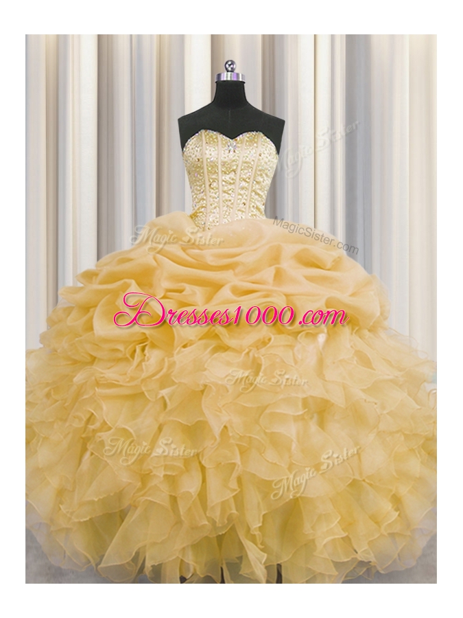 On Sale Pick Ups Visible Boning Ball Gowns Quinceanera Gowns Gold Sweetheart Organza Sleeveless Floor Length Lace Up