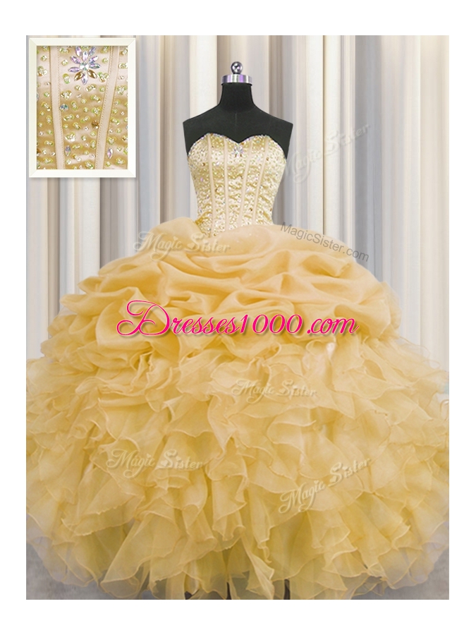 On Sale Pick Ups Visible Boning Ball Gowns Quinceanera Gowns Gold Sweetheart Organza Sleeveless Floor Length Lace Up