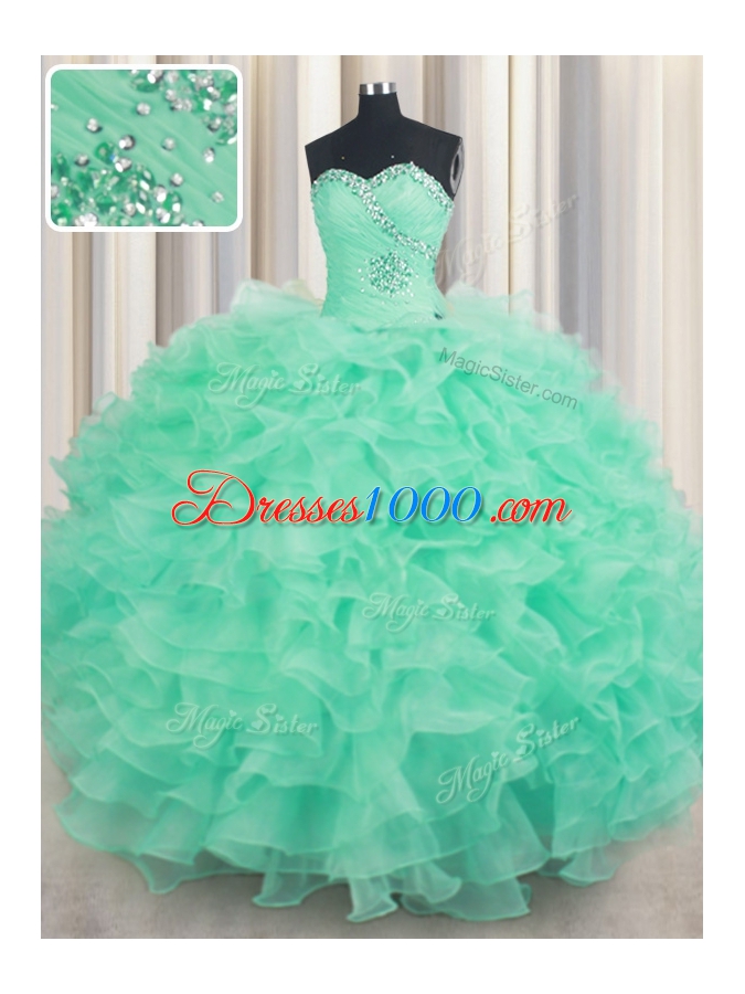 Organza Sleeveless Floor Length Sweet 16 Dress and Beading and Ruffles