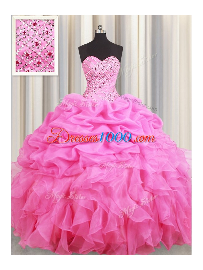 Popular Rose Pink Quinceanera Gown Military Ball and Sweet 16 and Quinceanera and For with Beading and Ruffles and Pick Ups Sweetheart Sleeveless Lace Up