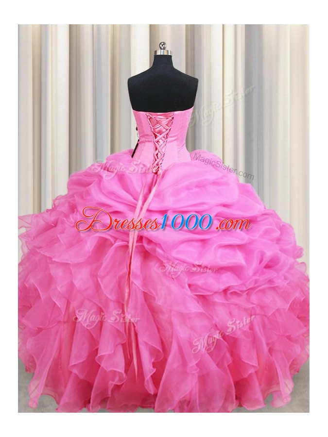 Popular Rose Pink Quinceanera Gown Military Ball and Sweet 16 and Quinceanera and For with Beading and Ruffles and Pick Ups Sweetheart Sleeveless Lace Up
