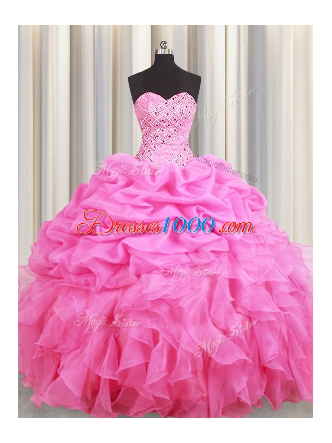 Popular Rose Pink Quinceanera Gown Military Ball and Sweet 16 and Quinceanera and For with Beading and Ruffles and Pick Ups Sweetheart Sleeveless Lace Up