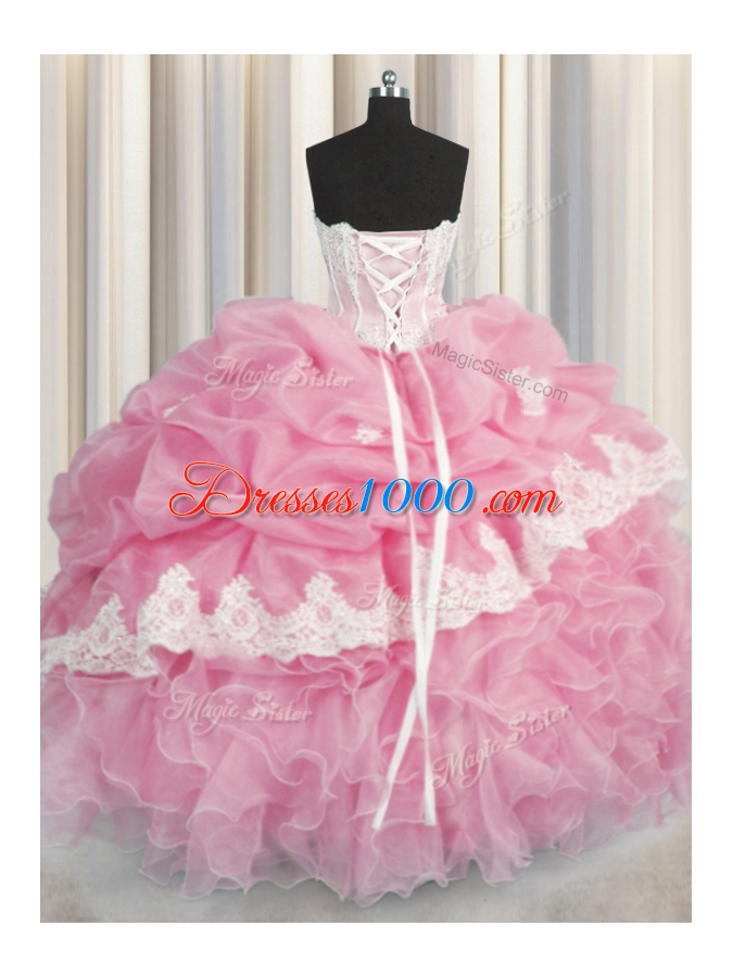 Rose Pink Ball Gown Prom Dress Military Ball and Sweet 16 and Quinceanera and For with Beading and Appliques and Ruffles and Pick Ups Sweetheart Sleeveless Lace Up