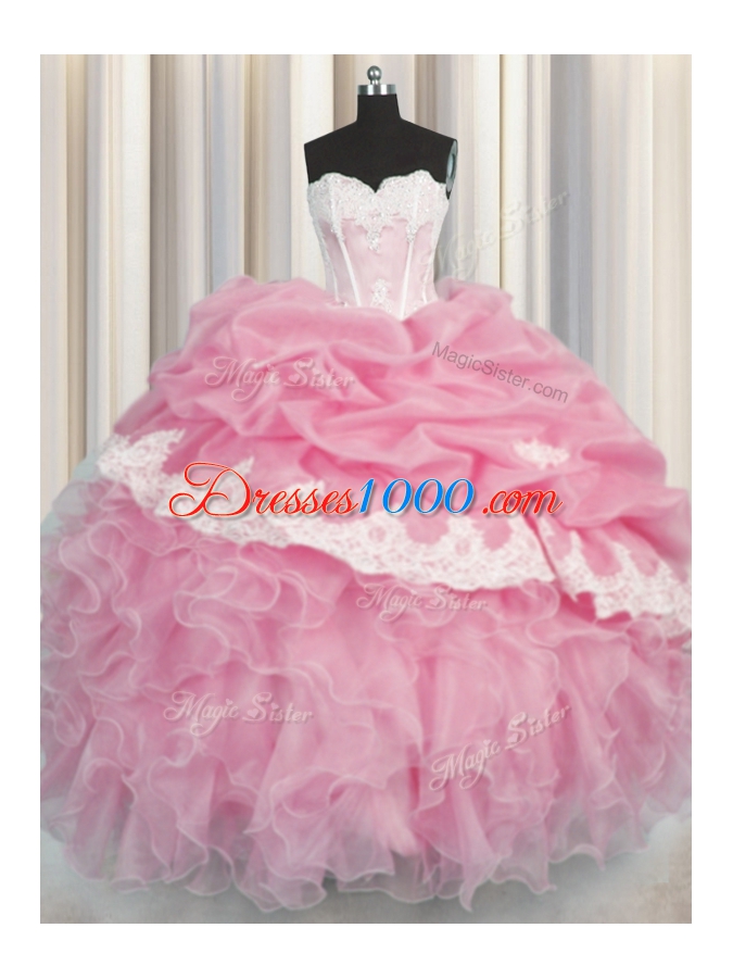 Rose Pink Ball Gown Prom Dress Military Ball and Sweet 16 and Quinceanera and For with Beading and Appliques and Ruffles and Pick Ups Sweetheart Sleeveless Lace Up