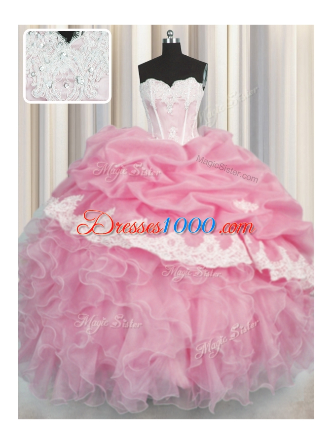 Rose Pink Ball Gown Prom Dress Military Ball and Sweet 16 and Quinceanera and For with Beading and Appliques and Ruffles and Pick Ups Sweetheart Sleeveless Lace Up