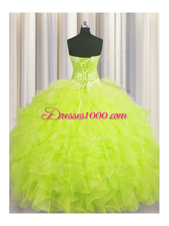 Sexy Handcrafted Flower Yellow Green Ball Gowns Sweetheart Sleeveless Organza Floor Length Lace Up Beading and Ruffles and Hand Made Flower Ball Gown Prom Dress