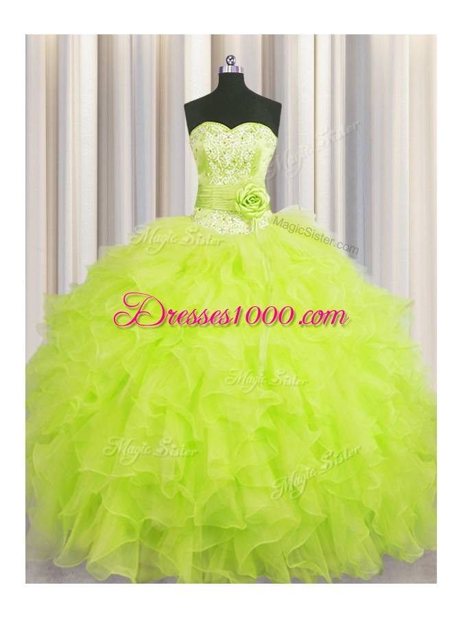 Sexy Handcrafted Flower Yellow Green Ball Gowns Sweetheart Sleeveless Organza Floor Length Lace Up Beading and Ruffles and Hand Made Flower Ball Gown Prom Dress