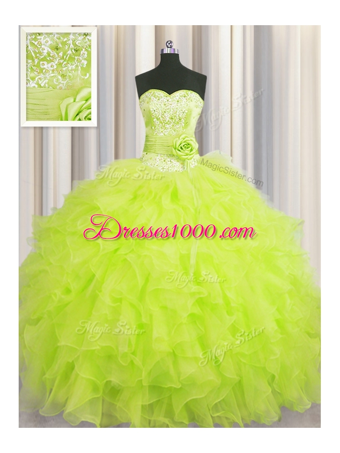 Sexy Handcrafted Flower Yellow Green Ball Gowns Sweetheart Sleeveless Organza Floor Length Lace Up Beading and Ruffles and Hand Made Flower Ball Gown Prom Dress