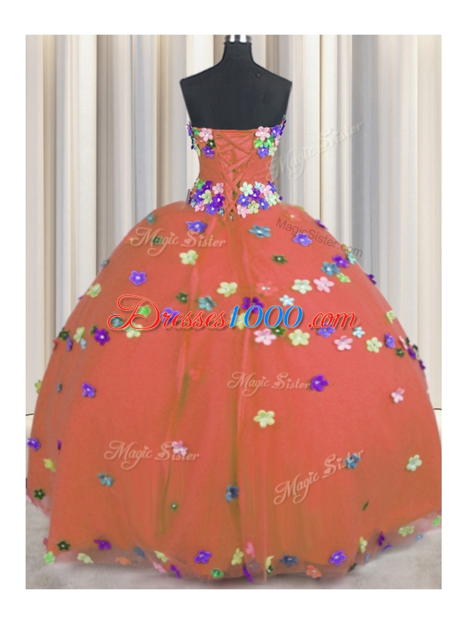 Strapless Sleeveless Tulle Sweet 16 Dress Hand Made Flower Lace Up