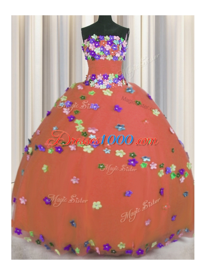 Strapless Sleeveless Tulle Sweet 16 Dress Hand Made Flower Lace Up