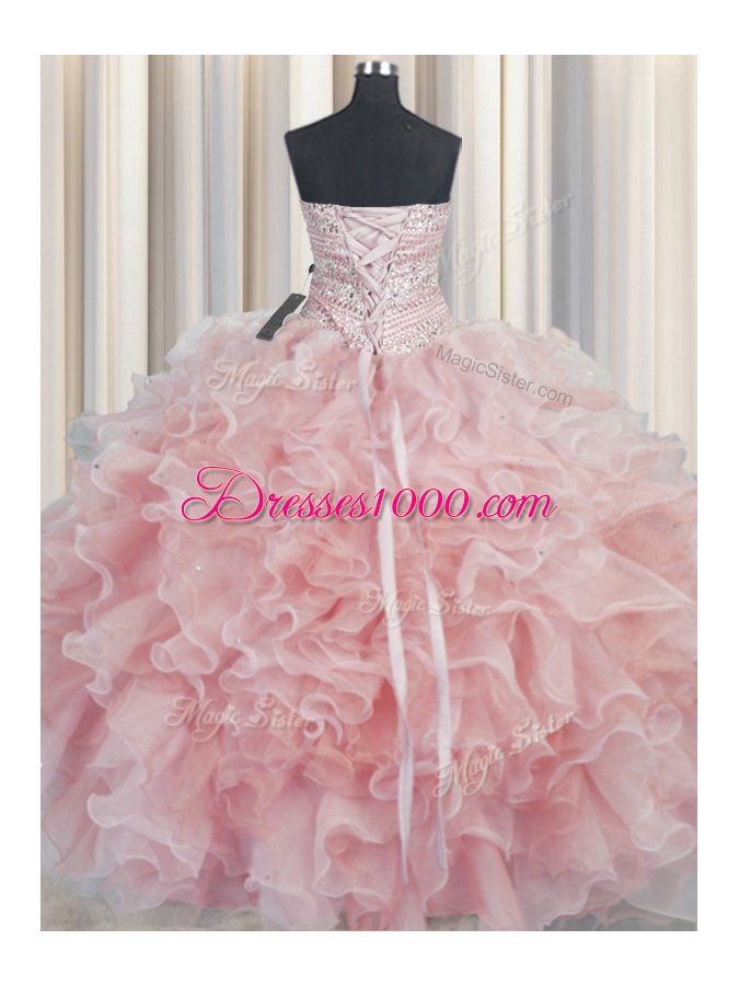 Superior Bling-bling Pink Sleeveless Floor Length Beading and Ruffles Lace Up Quinceanera Dress