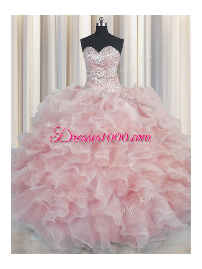 Superior Bling-bling Pink Sleeveless Floor Length Beading and Ruffles Lace Up Quinceanera Dress