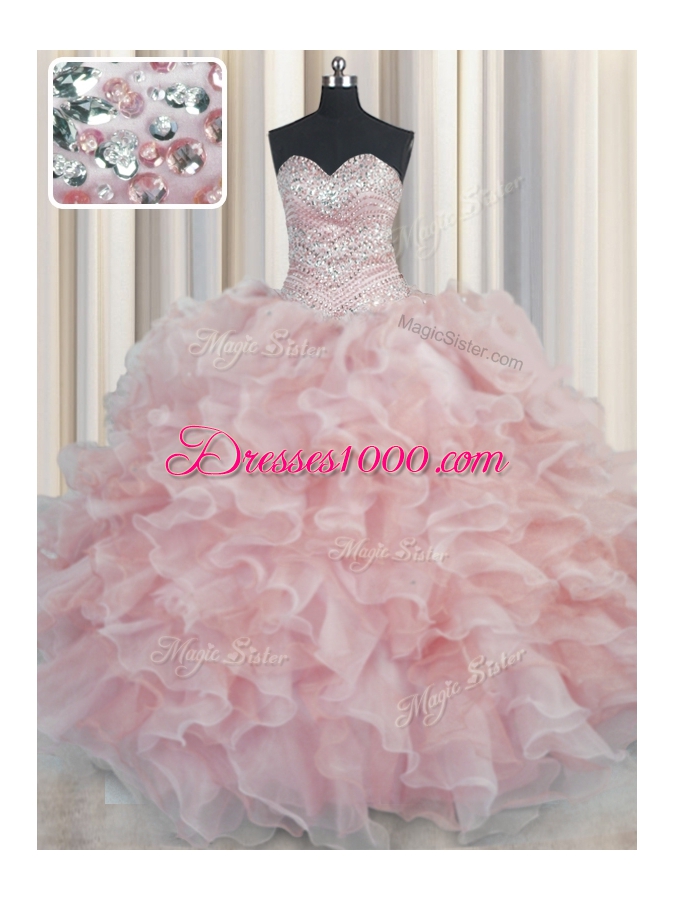Superior Bling-bling Pink Sleeveless Floor Length Beading and Ruffles Lace Up Quinceanera Dress