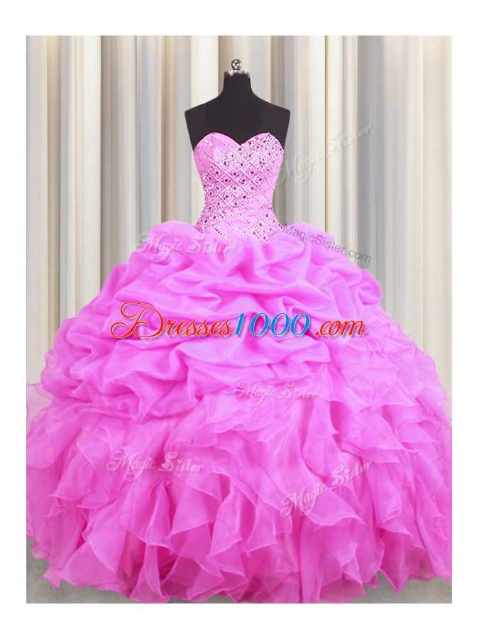 Top Selling Rose Pink Sweetheart Neckline Beading and Ruffles and Pick Ups Sweet 16 Dresses Sleeveless Lace Up