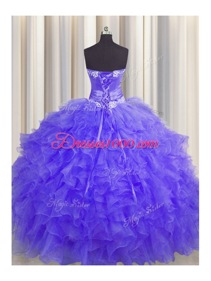 Traditional Handcrafted Flower Lavender Sleeveless Organza Lace Up Sweet 16 Dress for Military Ball and Sweet 16 and Quinceanera