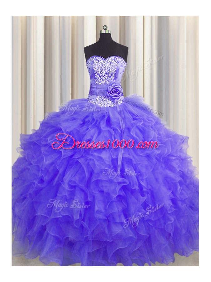 Traditional Handcrafted Flower Lavender Sleeveless Organza Lace Up Sweet 16 Dress for Military Ball and Sweet 16 and Quinceanera