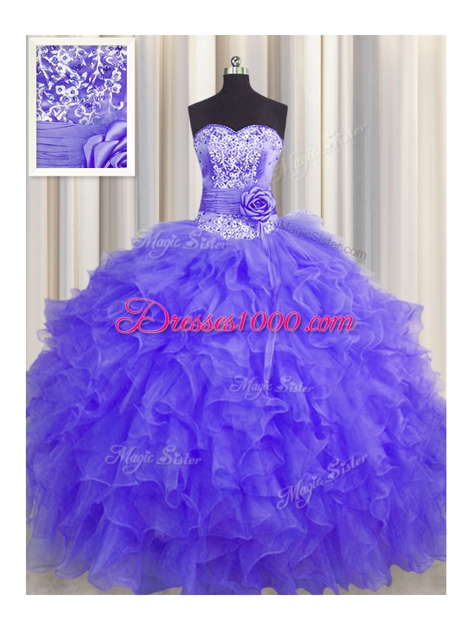 Traditional Handcrafted Flower Lavender Sleeveless Organza Lace Up Sweet 16 Dress for Military Ball and Sweet 16 and Quinceanera