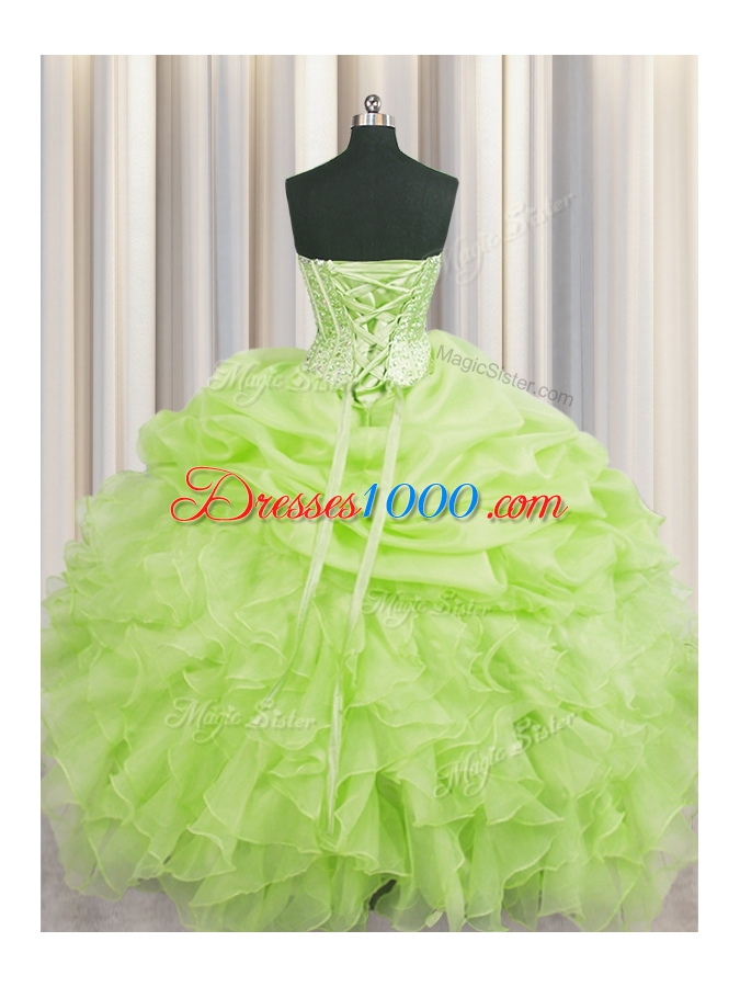 Traditional Pick Ups Visible Boning Ball Gowns Quince Ball Gowns Yellow Green Sweetheart Organza Sleeveless Floor Length Lace Up